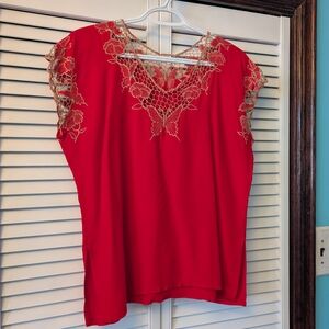 Elegant Red Lace Trim Women's Top